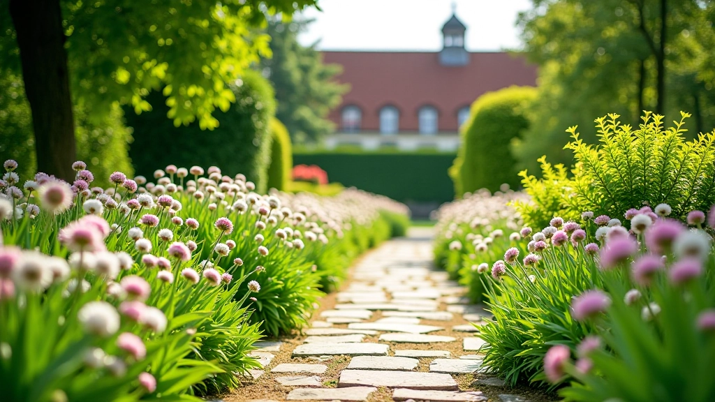 Voetpaden in abdijtuinen met bloeiende planten en stenen wandelpaden