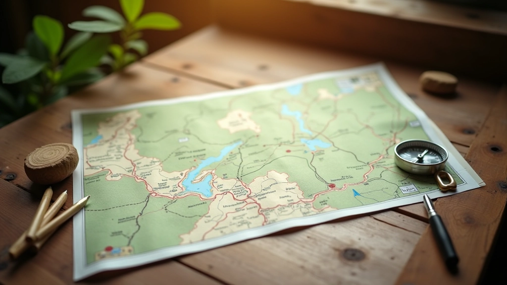 Close-up van een wandelkaart met een wandelroute, kompas en wandelstok op een houten tafel