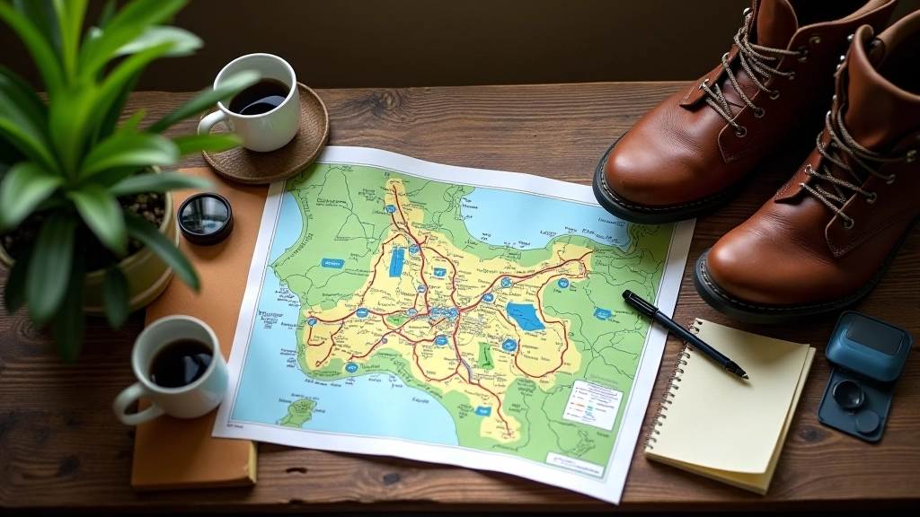 Wandelkaart en route planning op houten tafel met koffie en notitieboekje