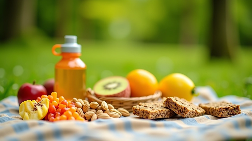 Gezonde wandelsnacks op een picknickkleed: fruit, noten, water en energiereepen in het zonlicht