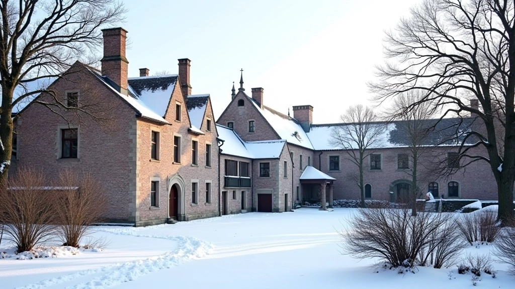 Winterlandschap bij Abdij van Villers met sneeuw op daken en stille binnenplaatsen