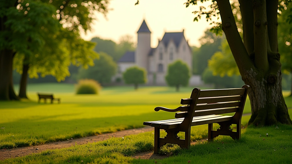 Bankje in tuin met uitzicht op kasteel in de verte